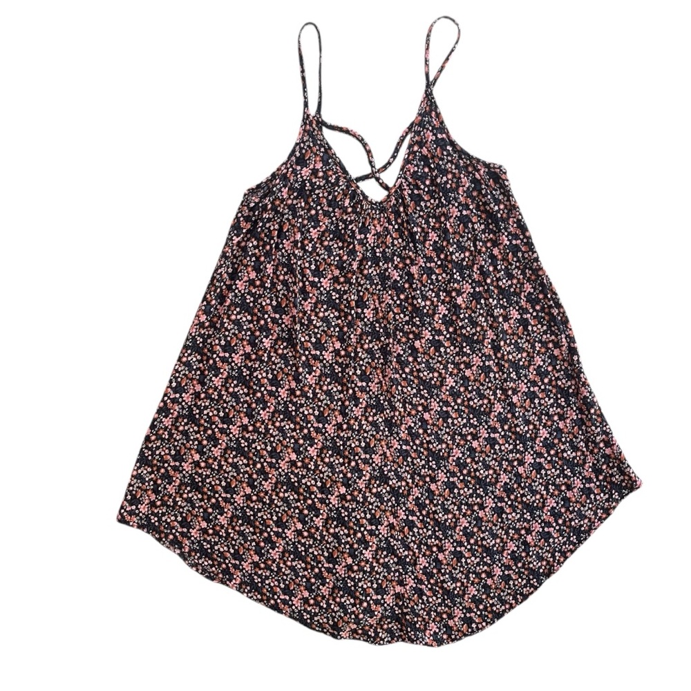 American Eagle Women XS Black Pink Brown Floral Tank Criss Cross Back Mini Dress